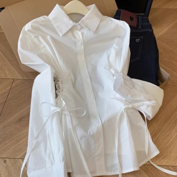 White Side Lace Up Cinched Waist Shirt - Picture 1 of 5